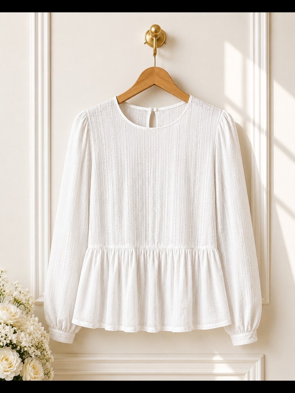 LOFT | Off White Textured Peplum Blouse | Long Sleeve | Size Medium | - Picture 5 of 8